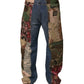Blue Patchwork Cotton Straight Denim Jeans