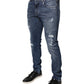 Blue Tattered Cotton Stretch Skinny Denim Jeans
