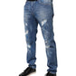 Blue Cotton Stretch Tattered Skinny Denim Jeans
