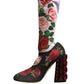 Black Floral Socks Crystal Boots Jersey Shoes
