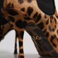 Brown Leopard Leather Stretch Heels Boots Shoes