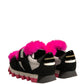 Black Pink Fur Embellished Sneakers Shoes