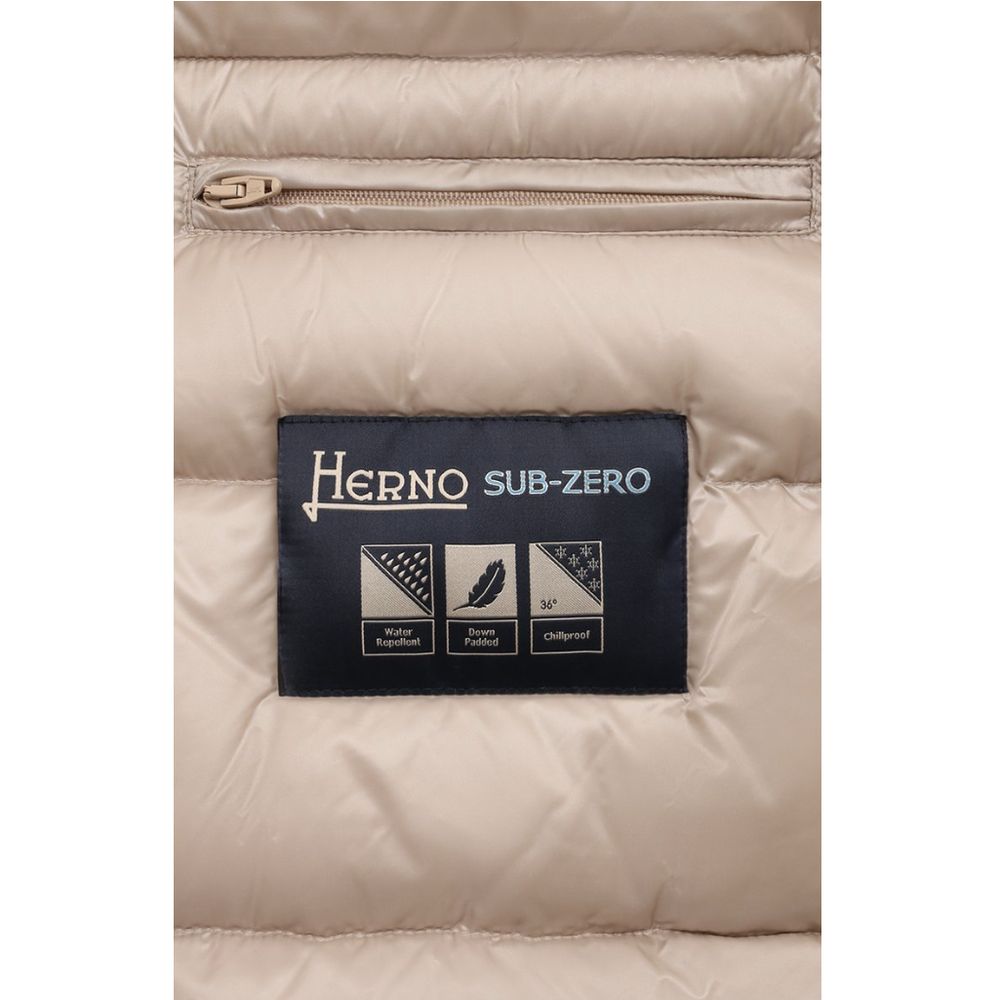 Beige Nylon Men Jacket with Fur-Trimmed Hood