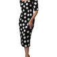 Black White Silk Polka Dots Sheath Midi Dress