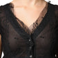 Black Short Sleeves Floral Lace Trim A-line Mini Dress