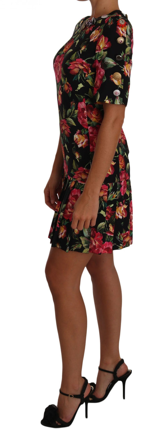 Elegant Floral Sheath Dress with Crystal Buttons