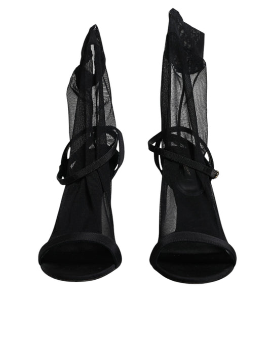 Black Tulle Stretch Heels Sandals Shoes
