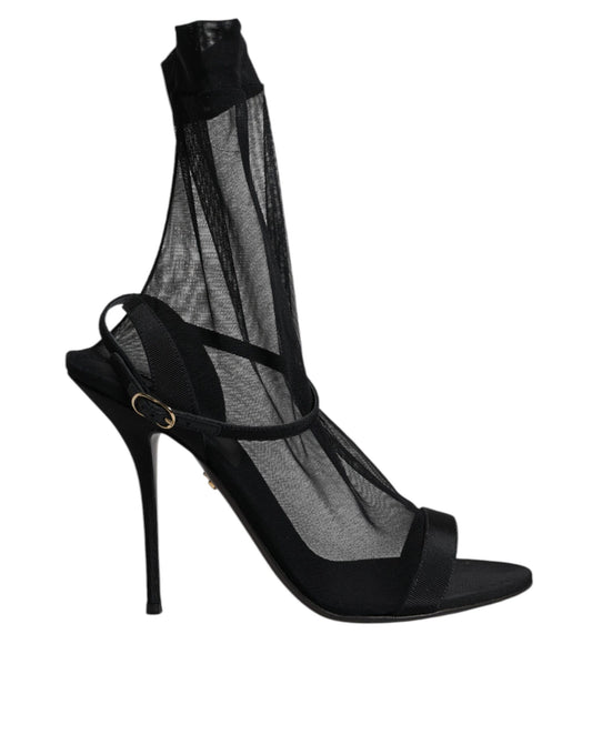 Black Tulle Stretch Heels Sandals Shoes