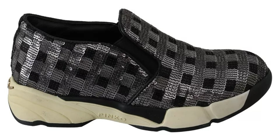 Silver Black Slip-on Sequence Design Sneakers Shoes