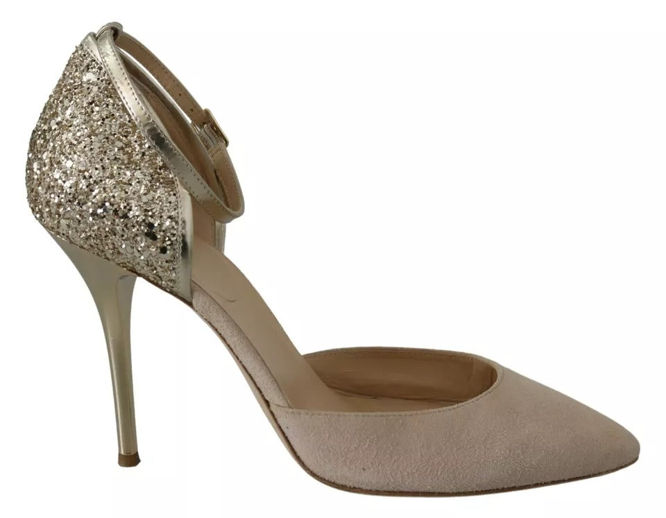 Beige Linen Ankle Strap High Heels Shoes