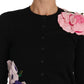 Elegant Black Cashmere Floral Cardigan