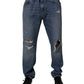 Blue Tattered Cotton Straight Denim Jeans