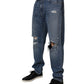 Blue Tattered Cotton Straight Denim Jeans