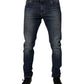 Dark Blue Cotton Leather Skinny Denim Jeans