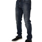 Dark Blue Cotton Leather Skinny Denim Jeans