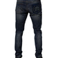 Dark Blue Cotton Leather Skinny Denim Jeans