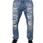 Blue Tattered Straight Cotton Denim Jeans