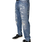Blue Tattered Straight Cotton Denim Jeans