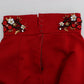 Red Silk Crystal-Embellished High Waist Shorts