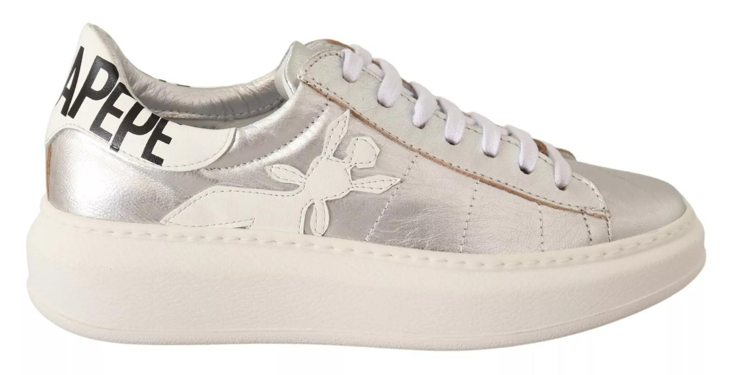 Silver Full Grain Leather Lace Up Sneakers Shoes