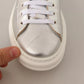 Silver Full Grain Leather Lace Up Sneakers Shoes