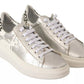 Silver Full Grain Leather Lace Up Sneakers Shoes