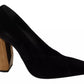Black Leather Suede Block Heels Pumps Shoes