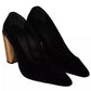 Black Leather Suede Block Heels Pumps Shoes