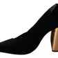 Black Leather Suede Block Heels Pumps Shoes