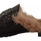 Black Leather Fur Perforated Slip On Flats Shoes