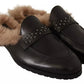 Black Leather Fur Perforated Slip On Flats Shoes