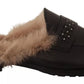 Black Leather Fur Perforated Slip On Flats Shoes