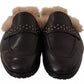 Black Leather Fur Perforated Slip On Flats Shoes