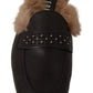 Black Leather Fur Perforated Slip On Flats Shoes