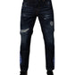 Dark Blue Cotton Tattered Skinny Denim Jeans