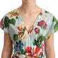 Green Floral Short Sleeves Cotton V-neck Dress