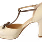 Beige T-Strap Block Heels Pumps Leather Shoes