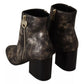 Black Leather Block Heels Ankle Boots Zipper Shoes