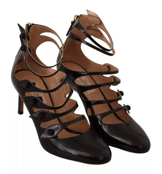 Black Multi Strap Leather Mid Heels Pumps Shoes