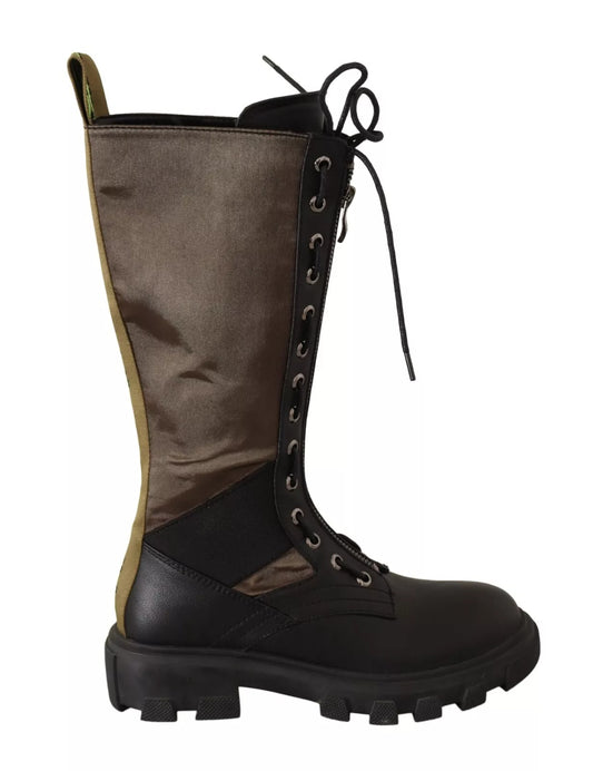 Black Green High Combat Boots Lace Up Military Shoes