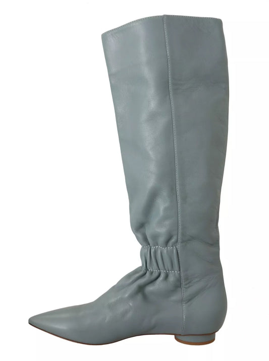 Blue Leather Elastic Flats Pull On Knee High Boots Shoes