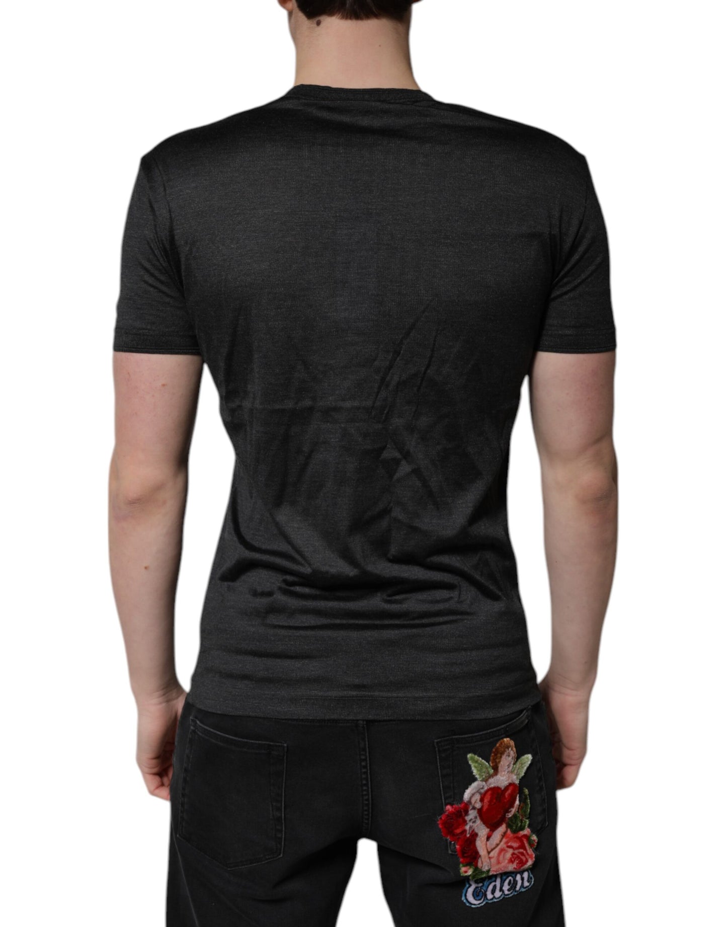 Dark Gray Silk V-neck Short Sleeves T-shirt