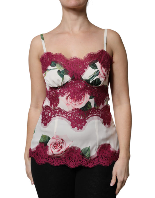 White Rose Print Satin Lace Tank Top Lingerie