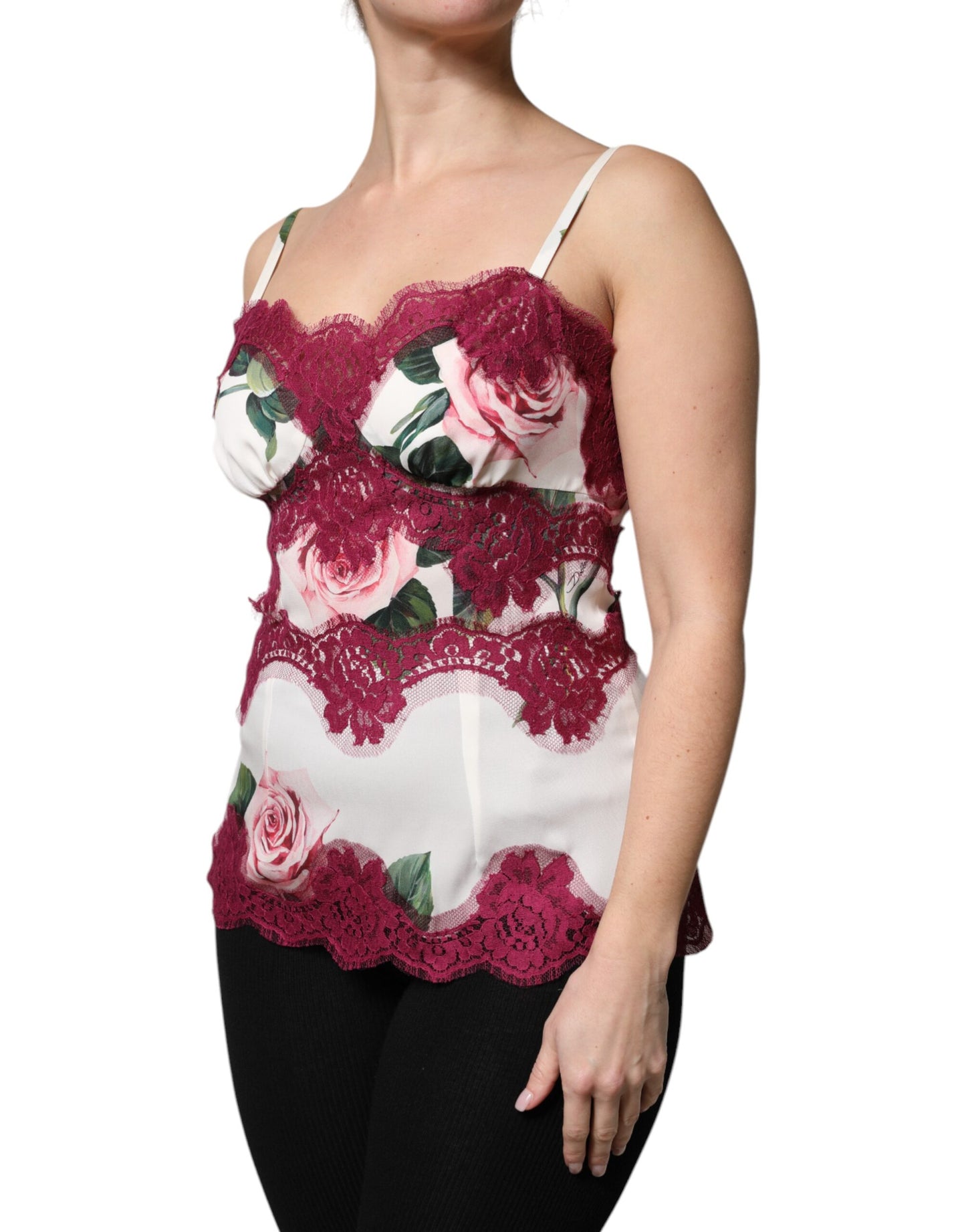 White Rose Print Satin Lace Tank Top Lingerie