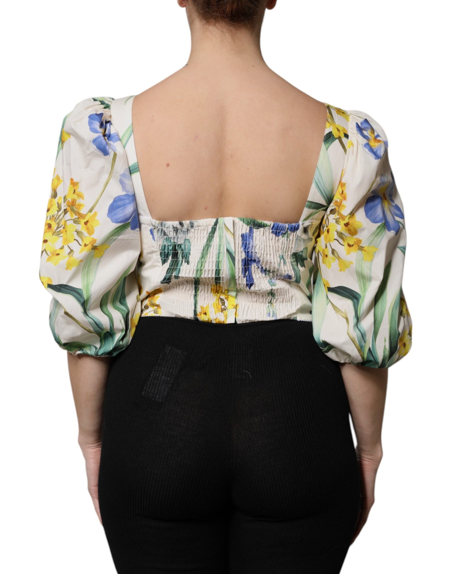 White Floral Puff Sleeves Crop Blouse Top