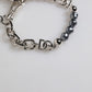 Silver Tone Chain Lobster Clasp Logo Gray Pearls Bracelet