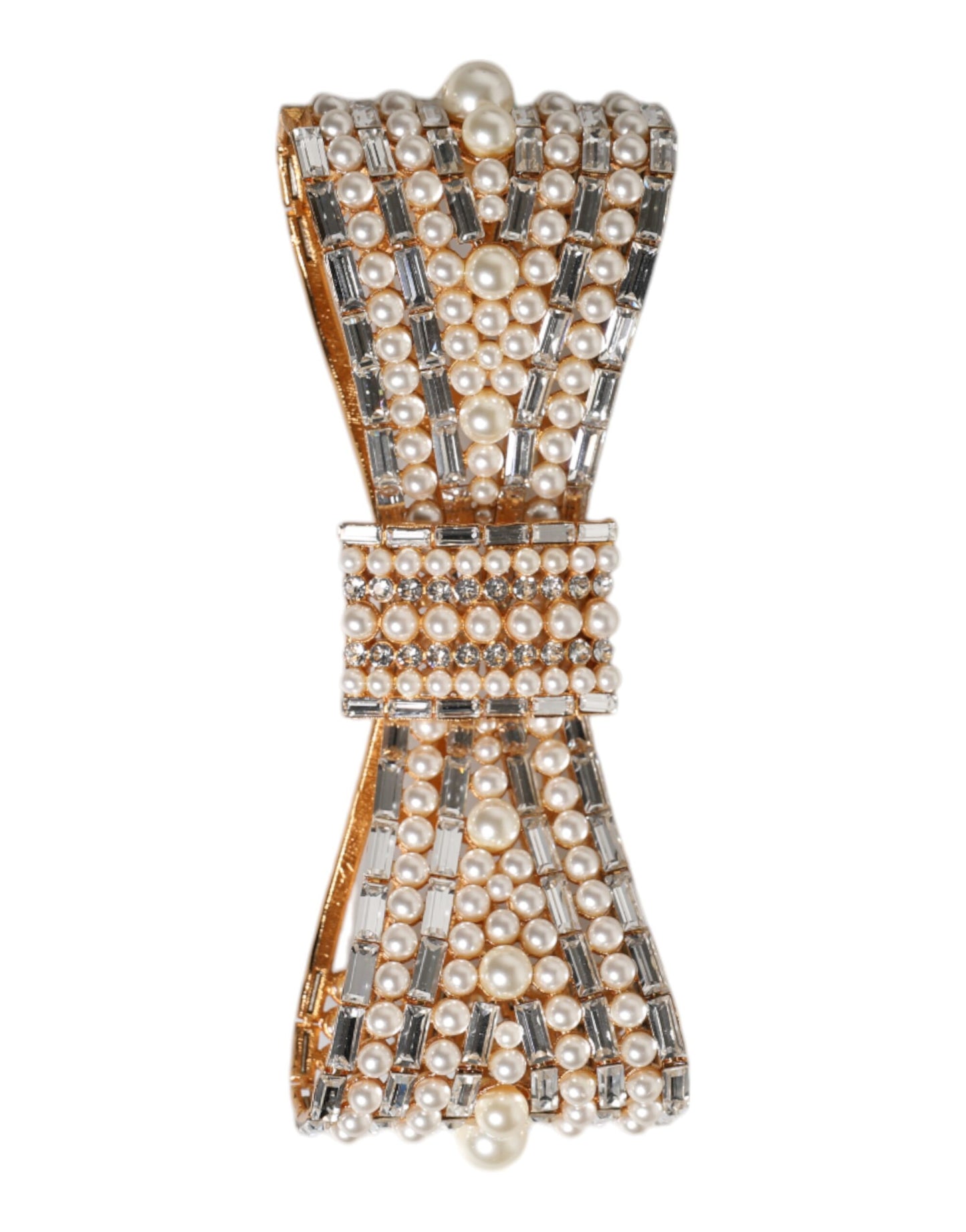 Gold Tone Brass Bow Crystal FauxPearl Embellished Brooch