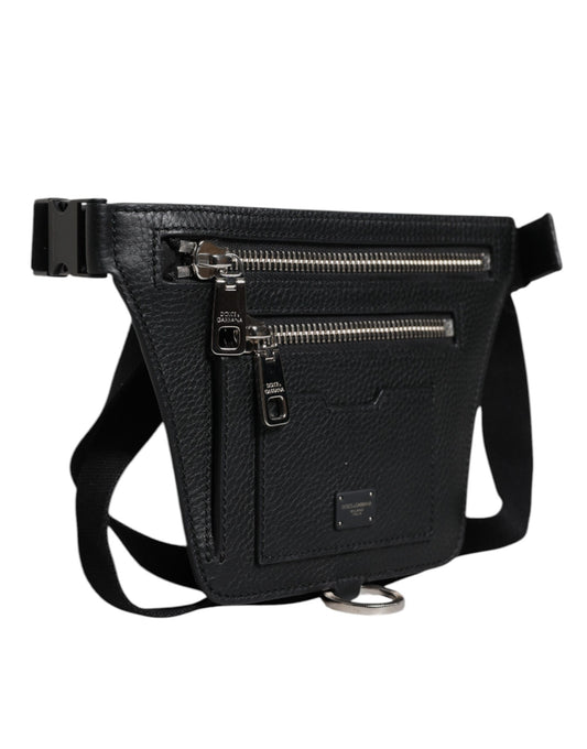 Black Calfskin Logo Plaque Belt Waist Men Fanny Pack Bag
