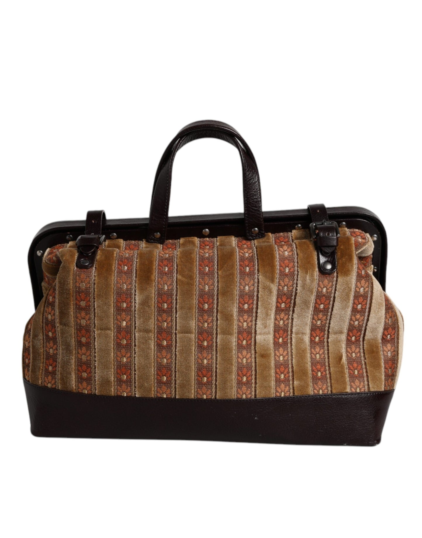 Beige Maroon Velvet Leather Jacquard Travel Handbag Bag
