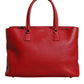 Red Calfskin Leather Logo Plaque Top Handle Bag